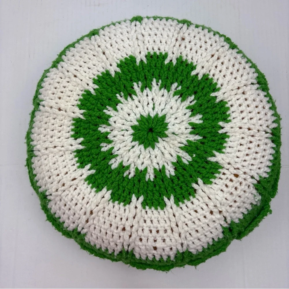 Vintage Crochet Pillow Flower Green White Knit Handmade Foam Cushion Retro